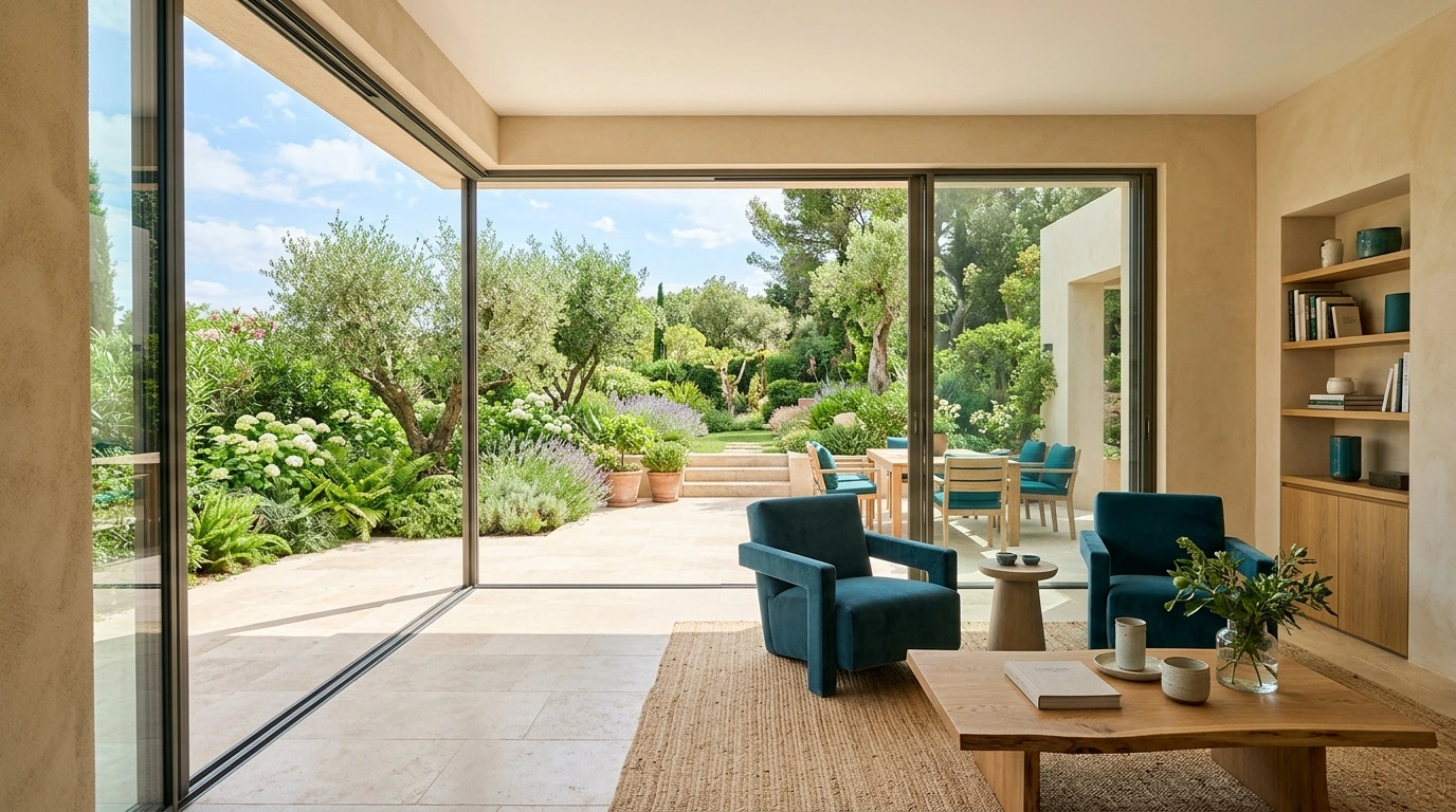 Grande baie vitrée ouverte sur le jardin