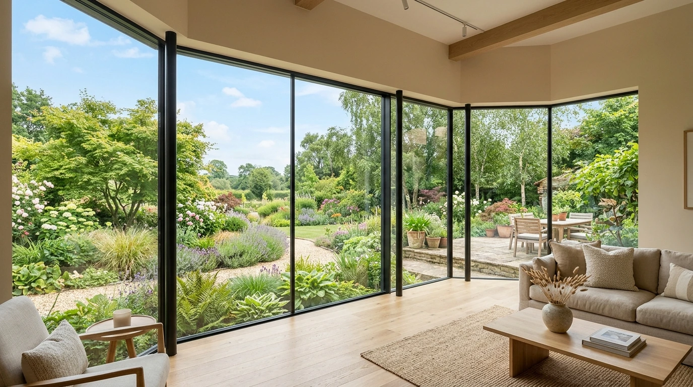 Baie vitrée panoramique dans une maison moderne