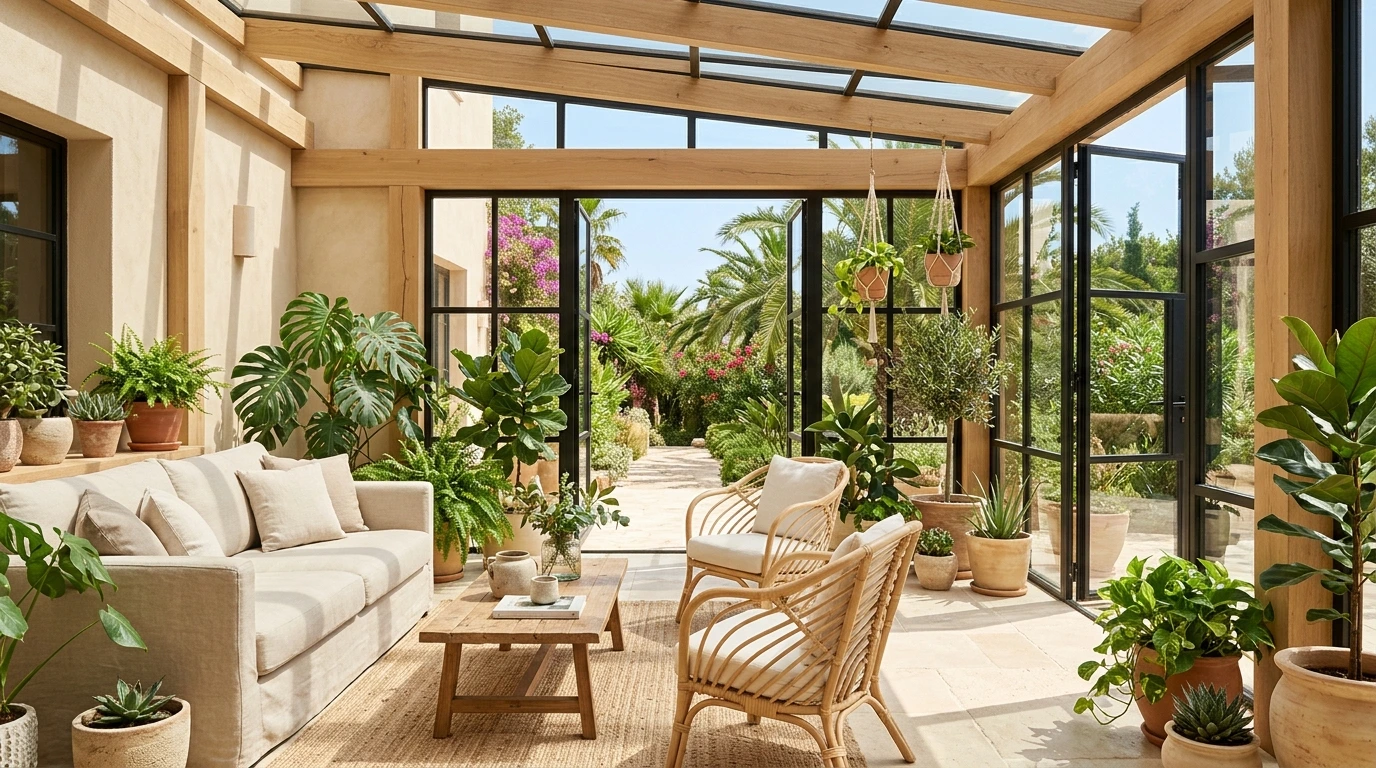 Véranda moderne avec plantes et luminosité