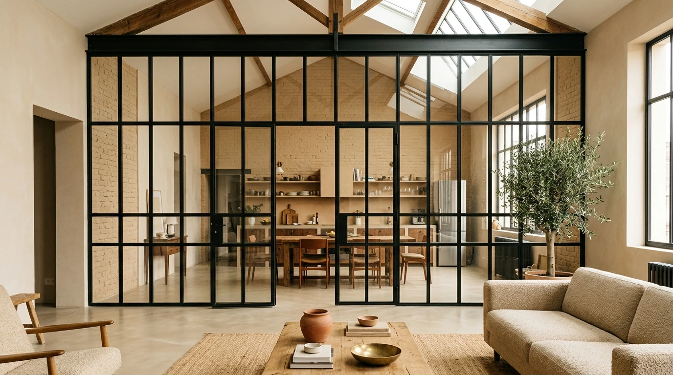 Grande verrière en acier dans un espace loft rénové