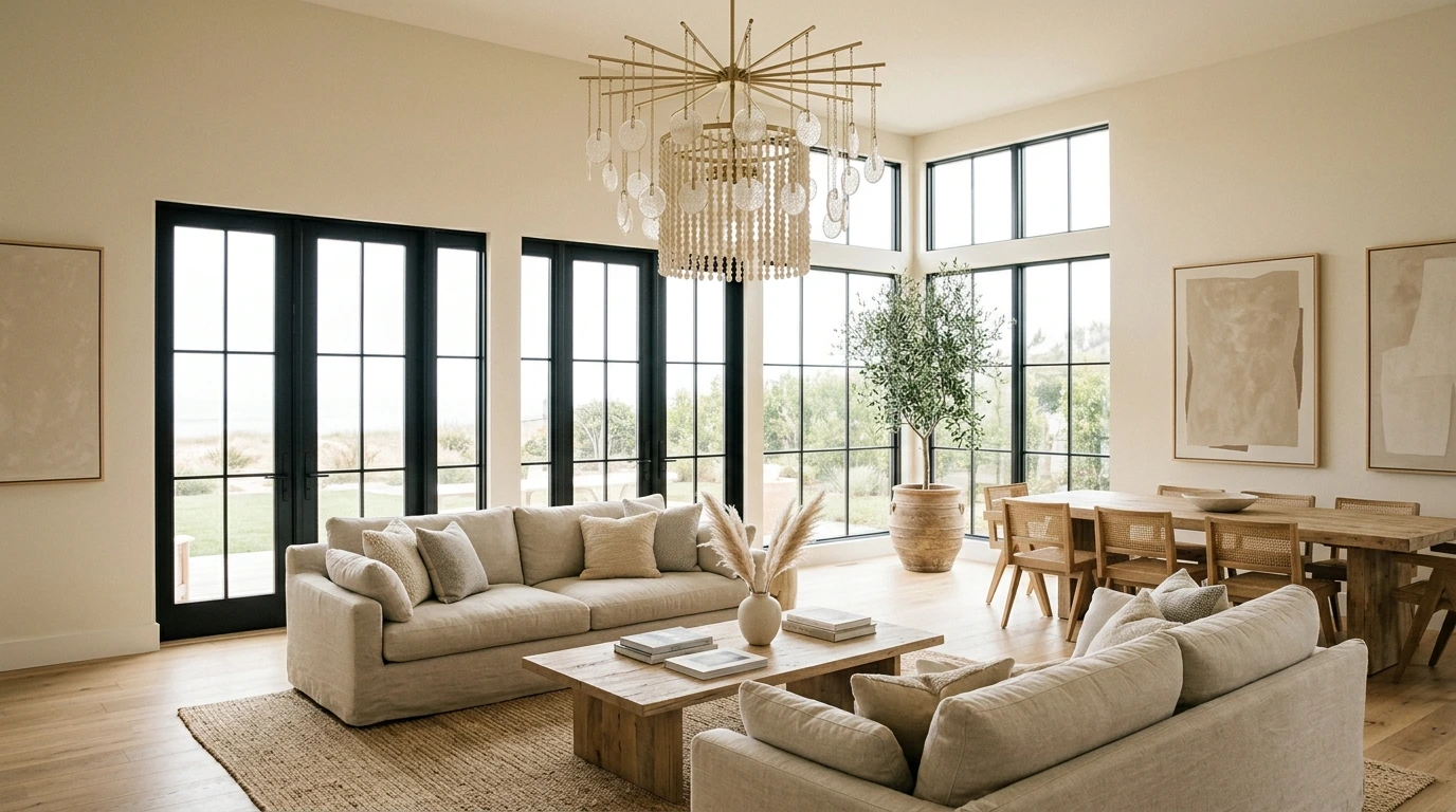 Intérieur lumineux avec grandes fenêtres et lustre