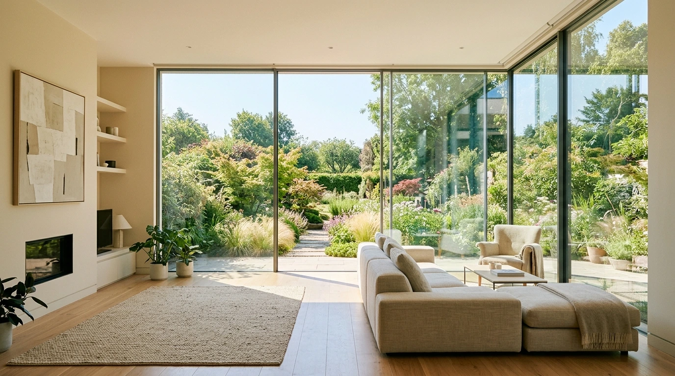 Grande baie vitrée avec vue sur le jardin depuis un salon contemporain