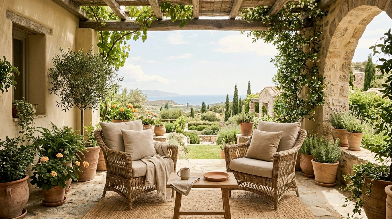 Véranda lumineuse avec plantes et fauteuils, baignée de soleil