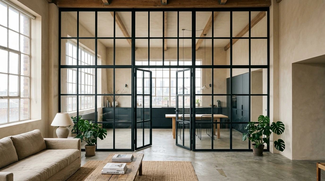 Grande verrière d'atelier en acier noir dans un loft