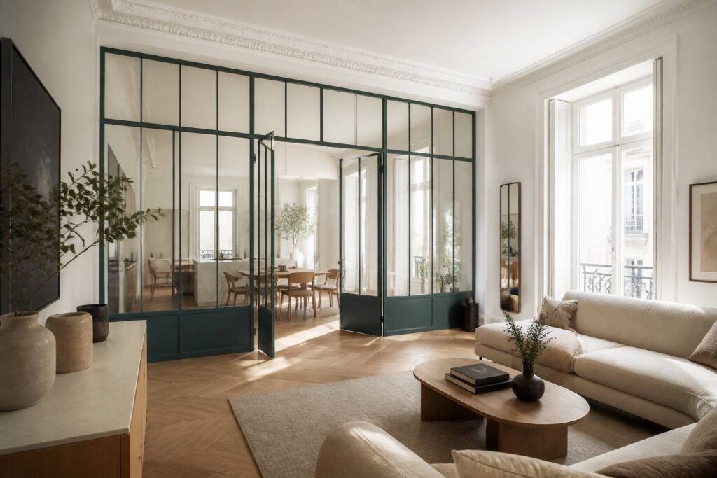 Appartement lumineux avec verrière en meneaux métalliques et parquet en point de Hongrie