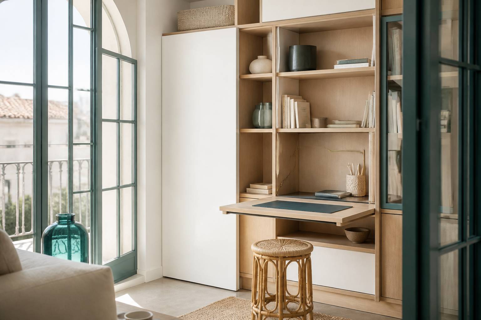 Coin bureau optimisé dans un petit appartement niçois avec rangements en bois clair