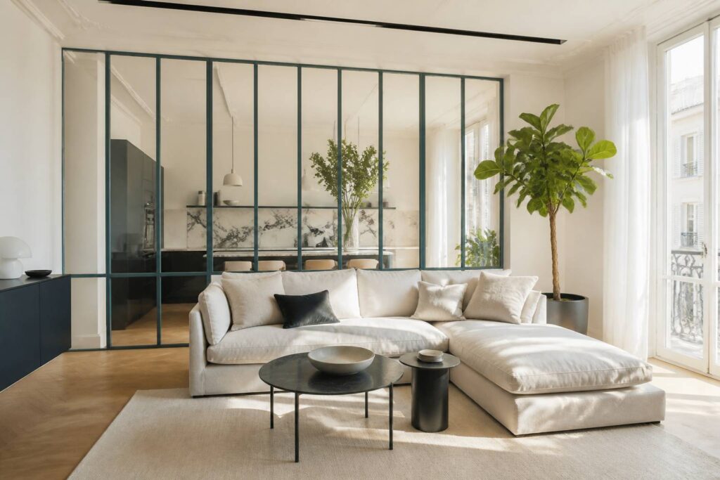 Salon lumineux d'un appartement niçois avec verrière et murs blancs élégants