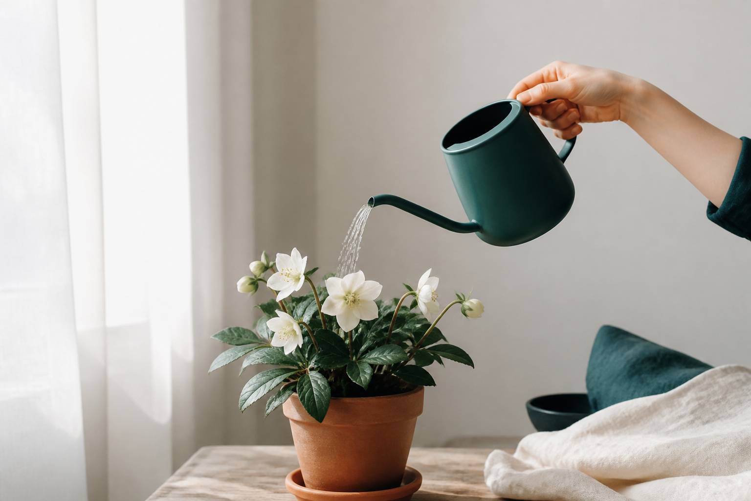 Arrosoir versant un filet d'eau sur une rose de Noël en pot