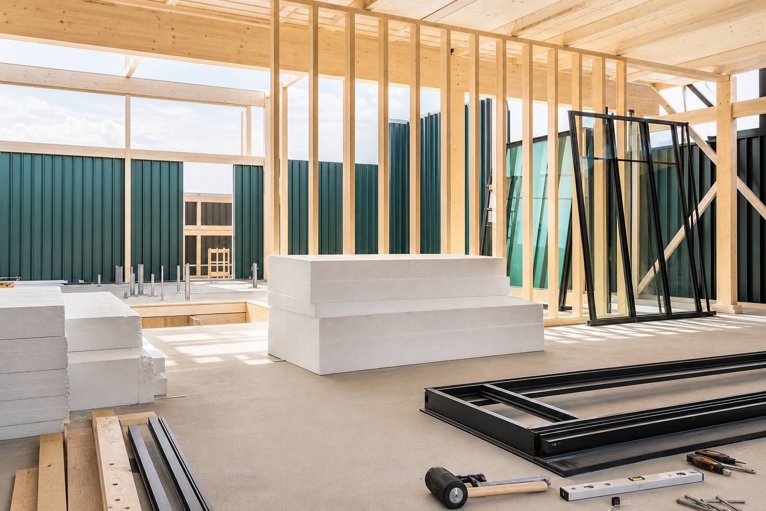 Chantier d'assemblage de maison modulaire avec blocs isolants blancs et panneaux de verrière à meneaux fins