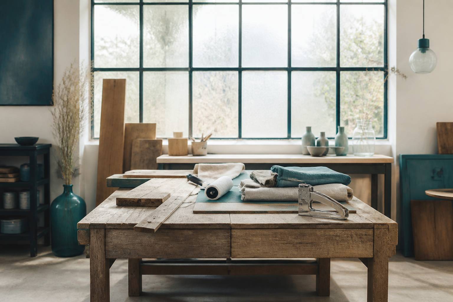 Planches de bois de récupération, tissus et agrafeuse sur un établi d'atelier