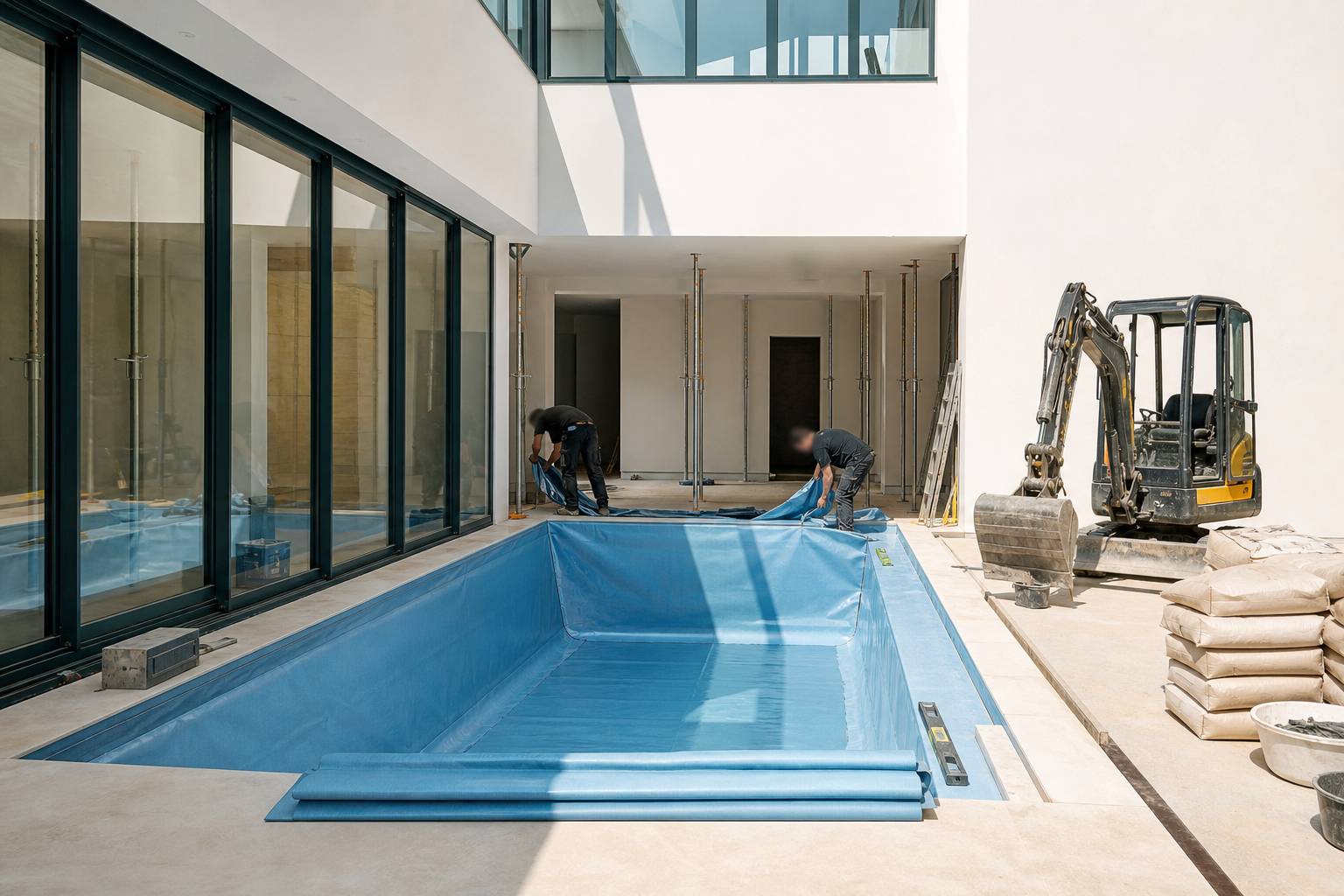 Bassin de piscine en construction avec pose du liner bleu