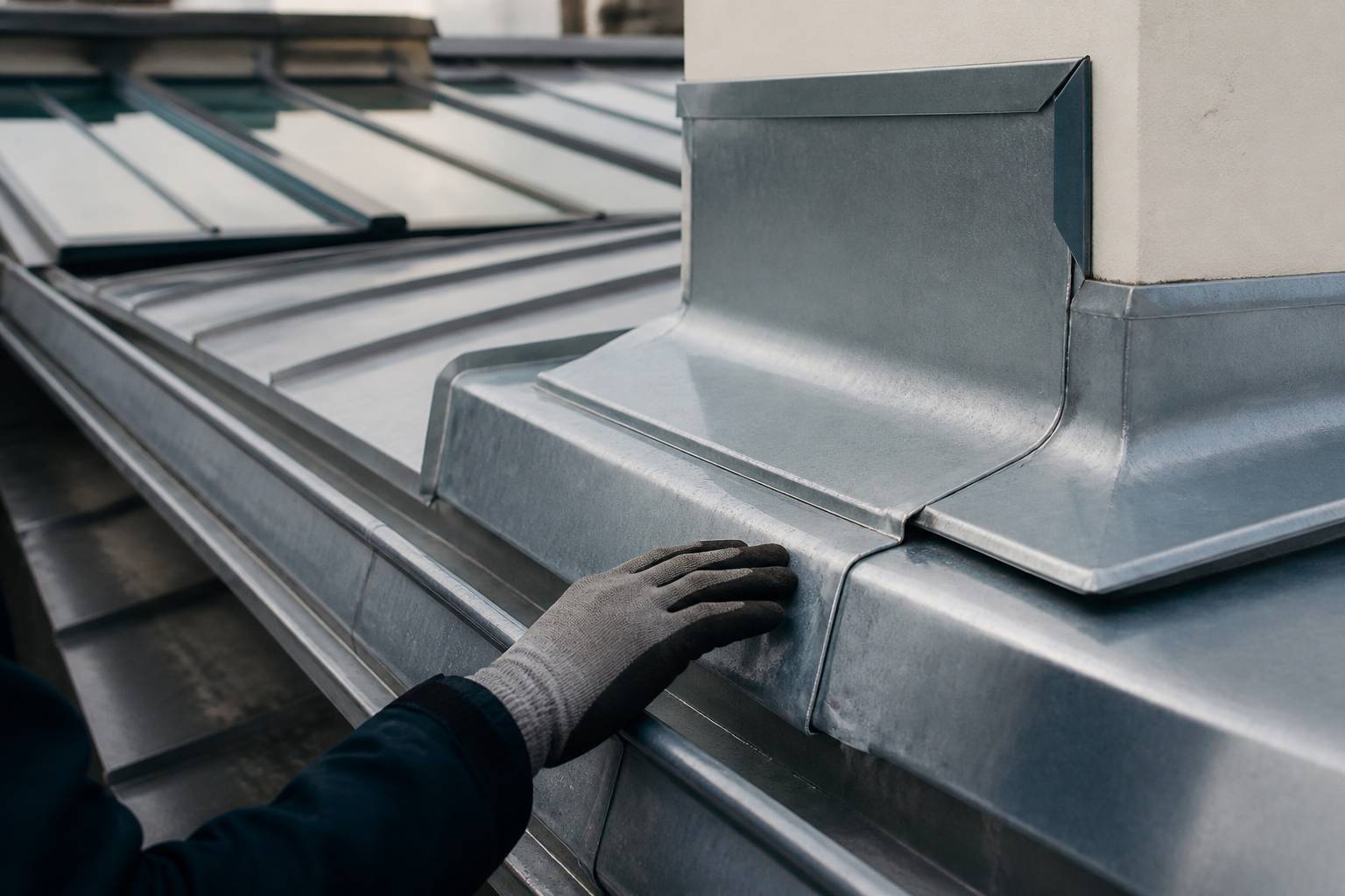 Chéneau en zinc avec raccord d'étanchéité près d'une souche