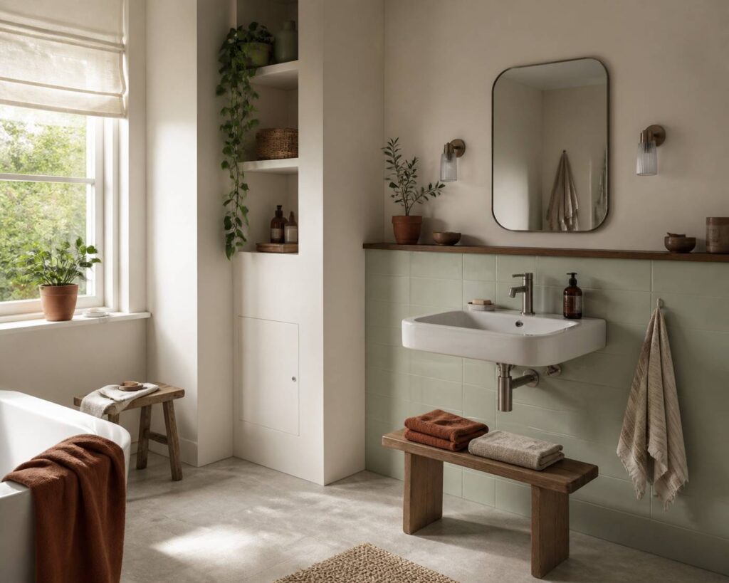 Coffrage en bois peint dissimulant des tuyaux dans une salle de bain