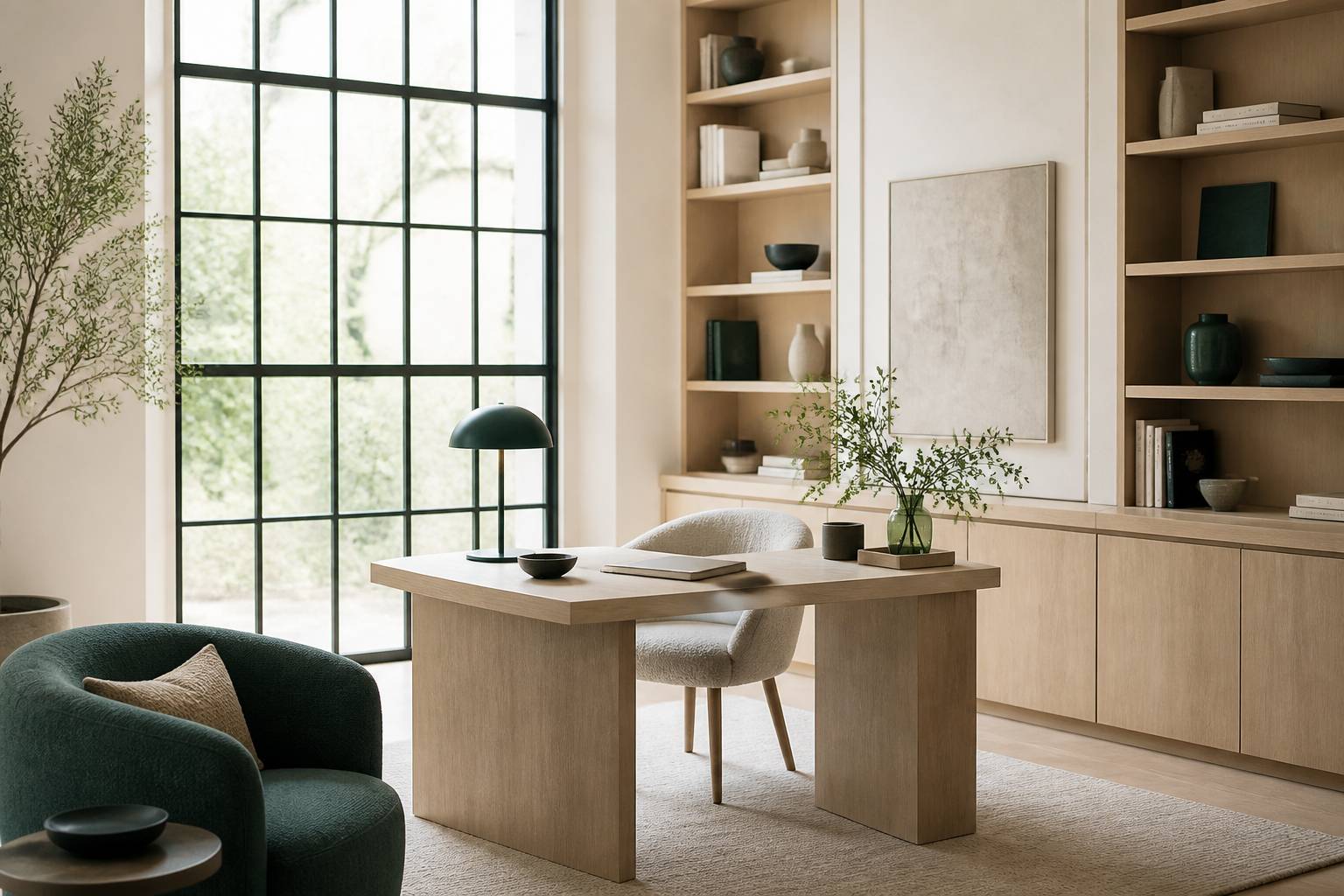Coin bureau optimisé avec verrière à meneaux noirs, rangements en bois clair et bureau minimaliste éclairé