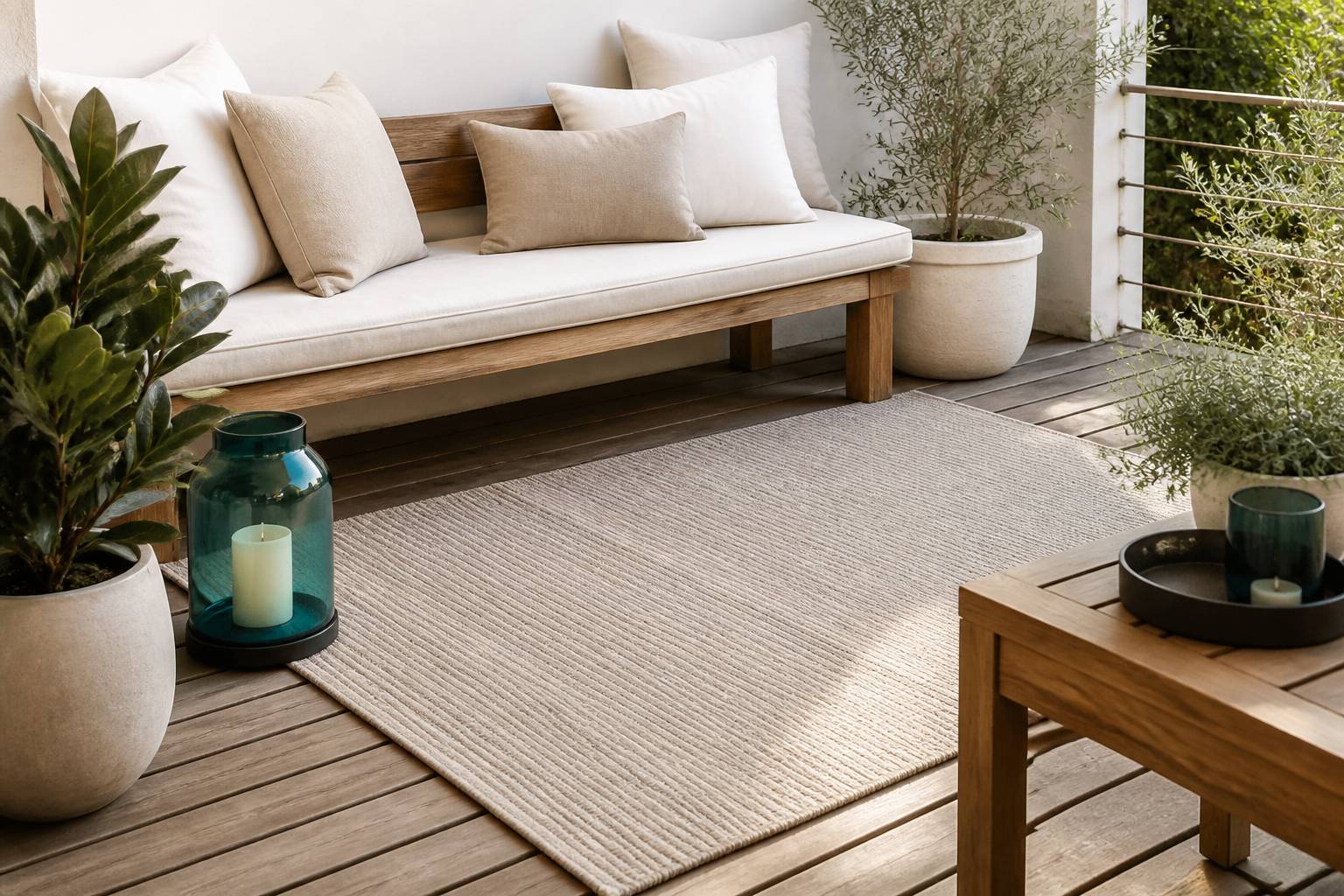 Coin terrasse en bois cosy avec lanterne et coussins en lin