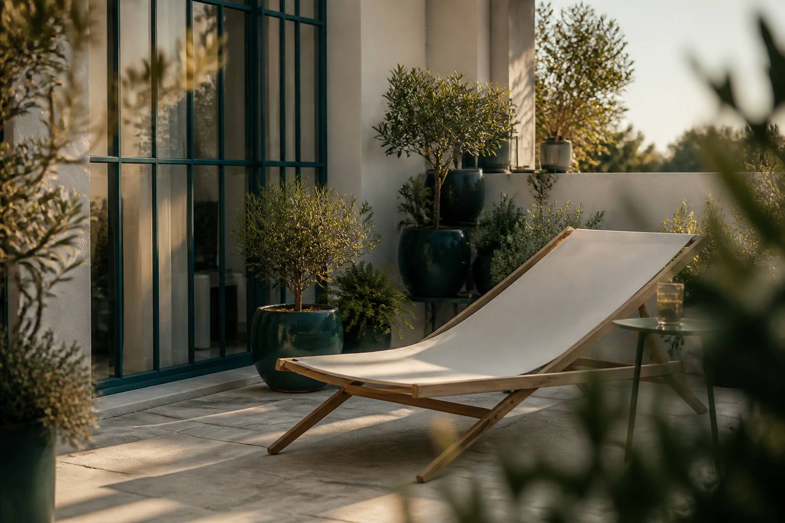 Coin de terrasse avec plantes en pot, éclairage tamisé et transat en bois