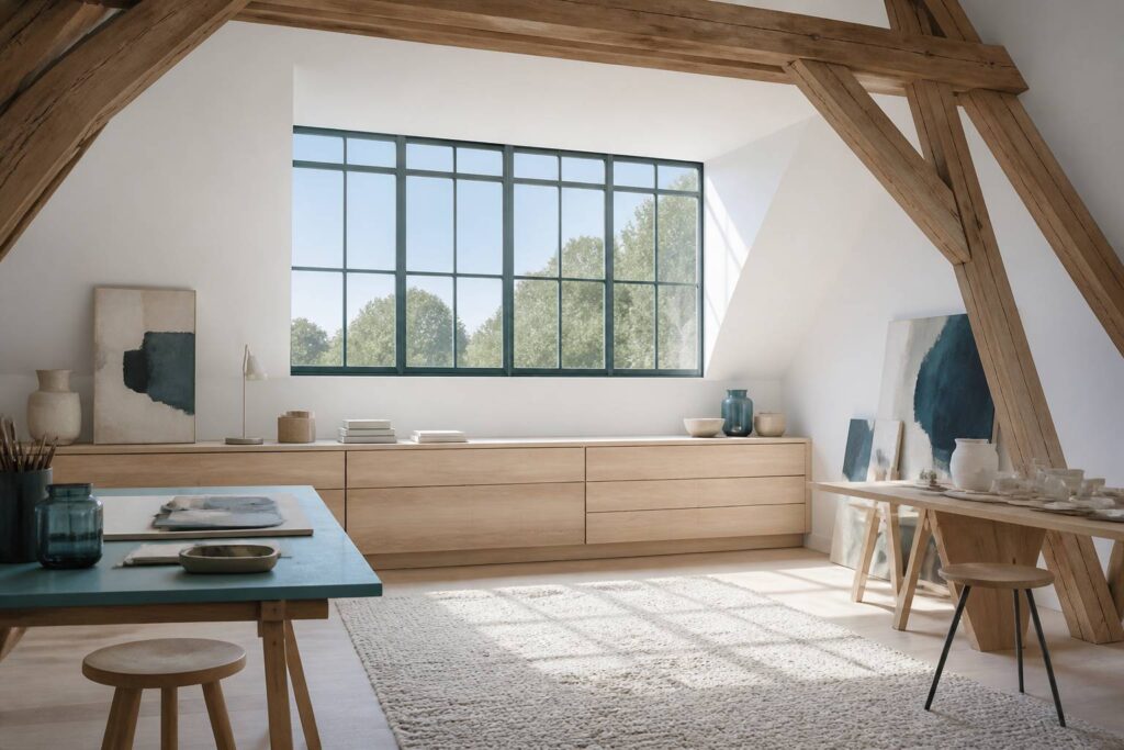 Combles aménagés sous toiture avec fenêtre de toit et rangements sur mesure