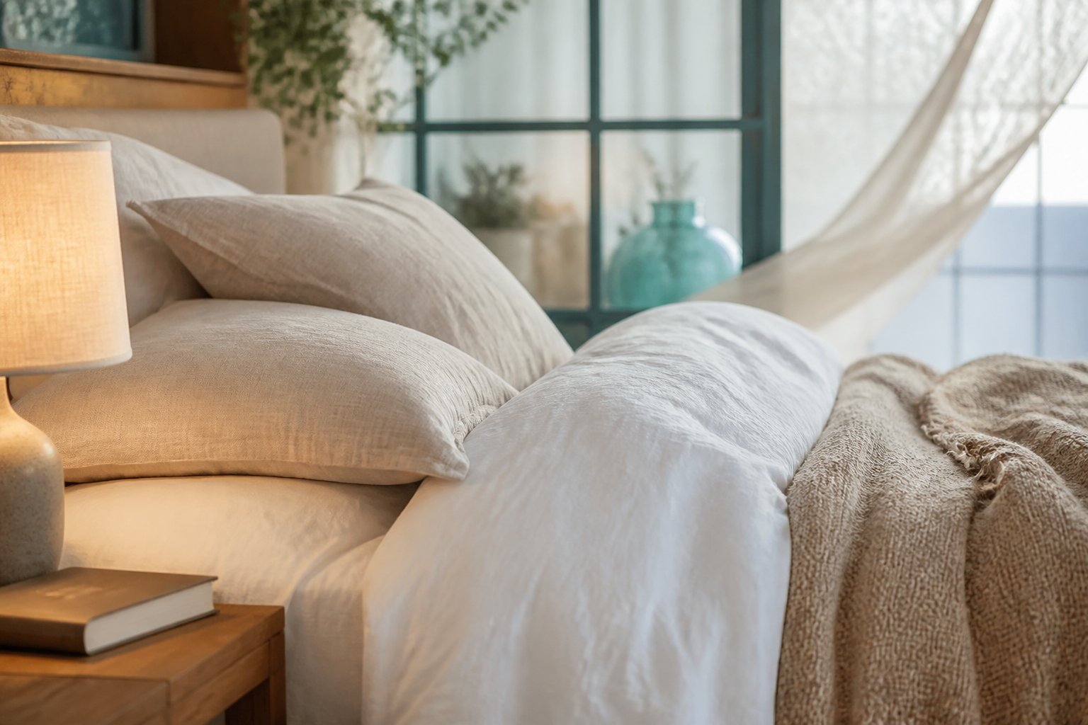 Composition de lit avec oreillers en lin sable, couette blanche et lampe de chevet chaude