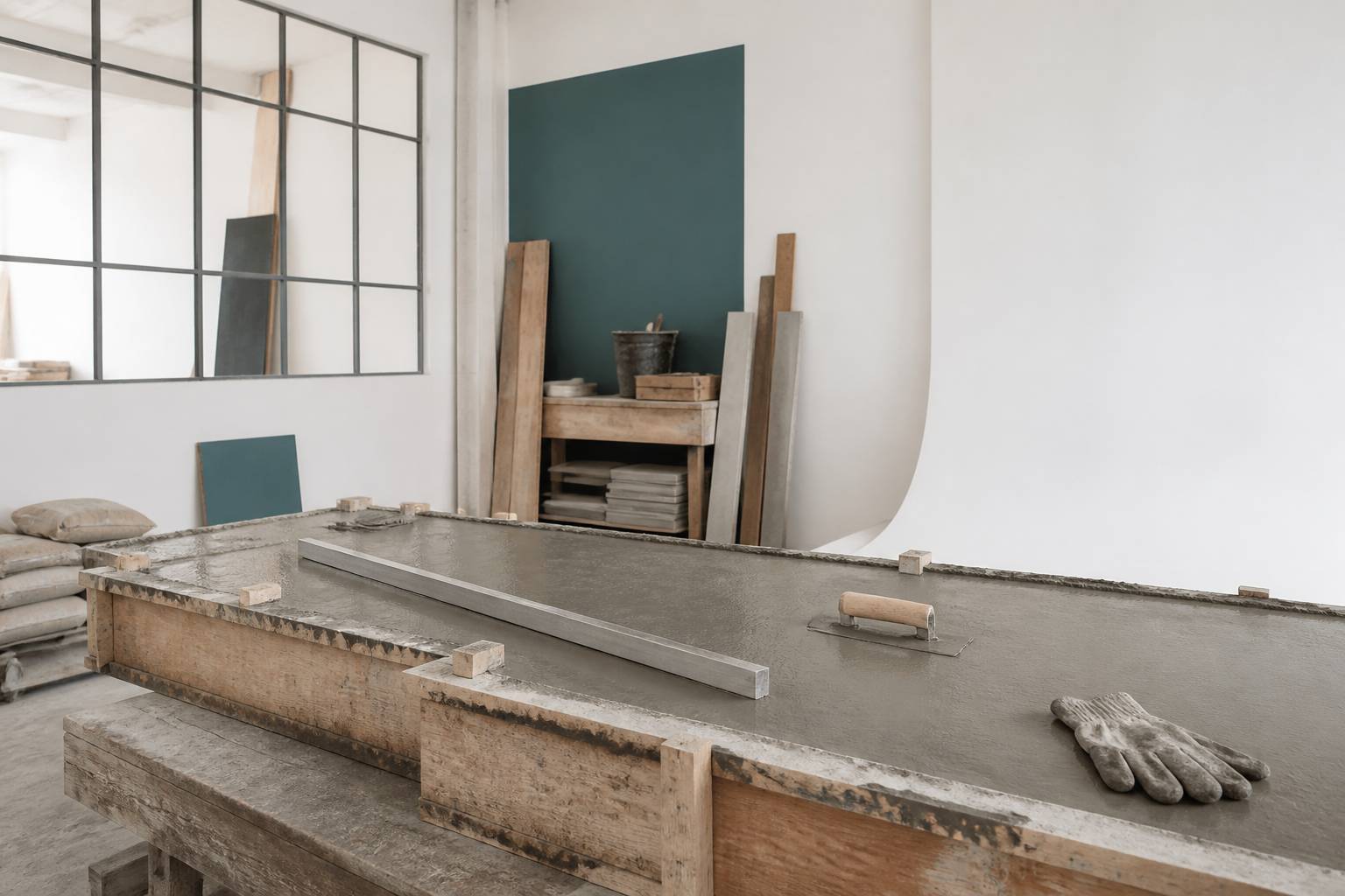 Béton frais lissé à la taloche dans un coffrage de plan de travail
