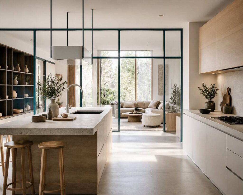 Cuisine ouverte sur mesure avec verrière et plan en pierre