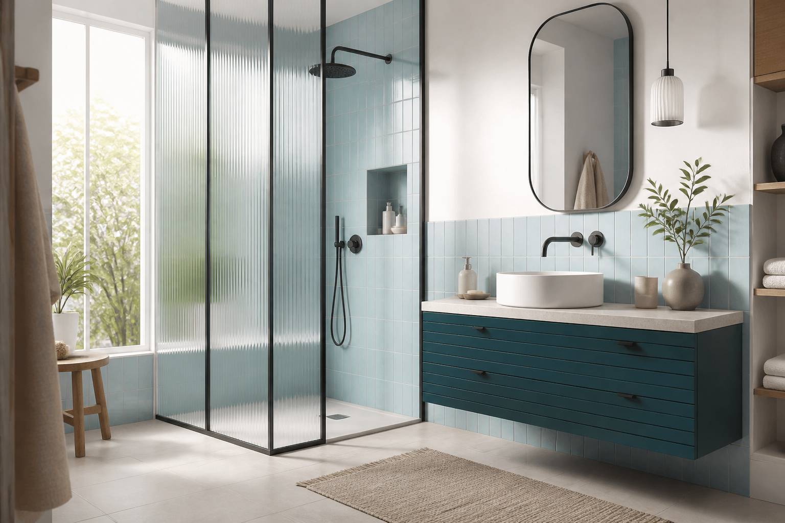 Douche à l'italienne au carrelage bleu et blanc avec paroi en verre dépoli