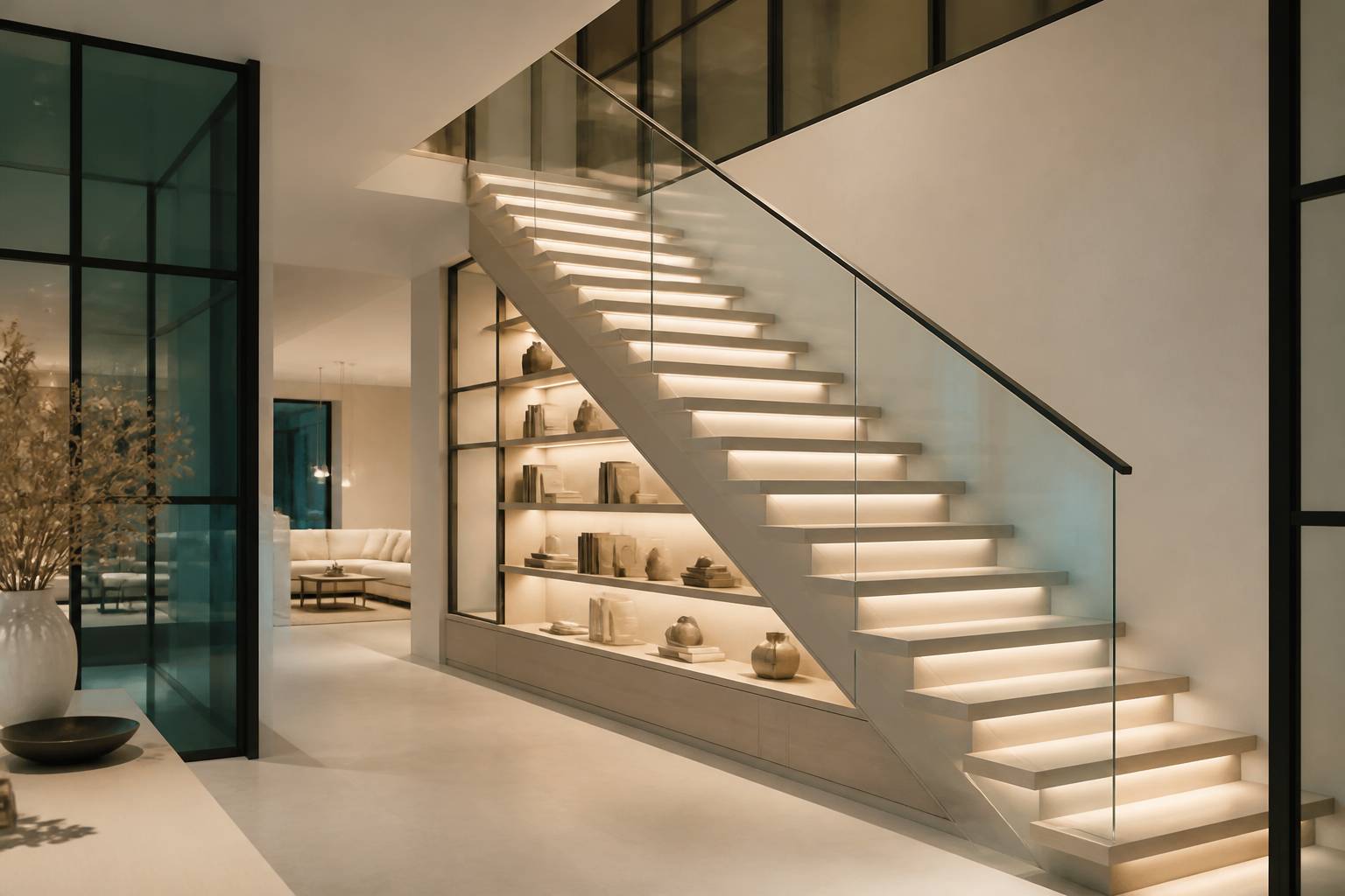 Éclairage LED discret sous les marches d'un escalier flottant