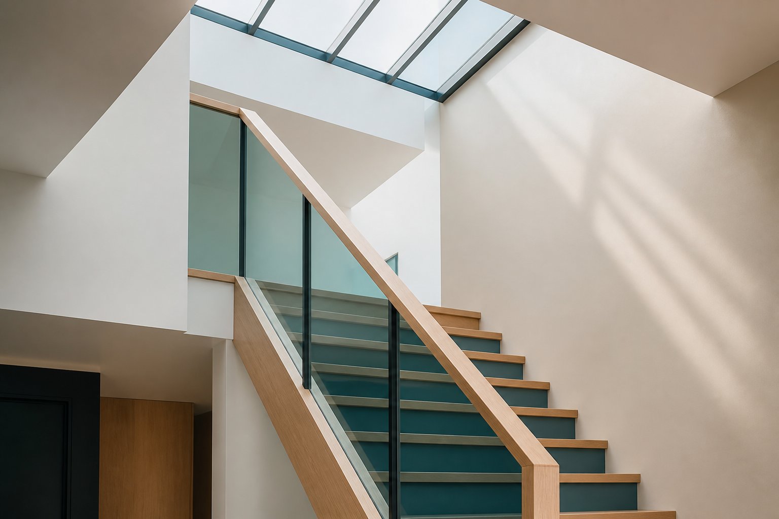 Escalier aux contremarches peintes éclairé par une verrière au-dessus de la trémie