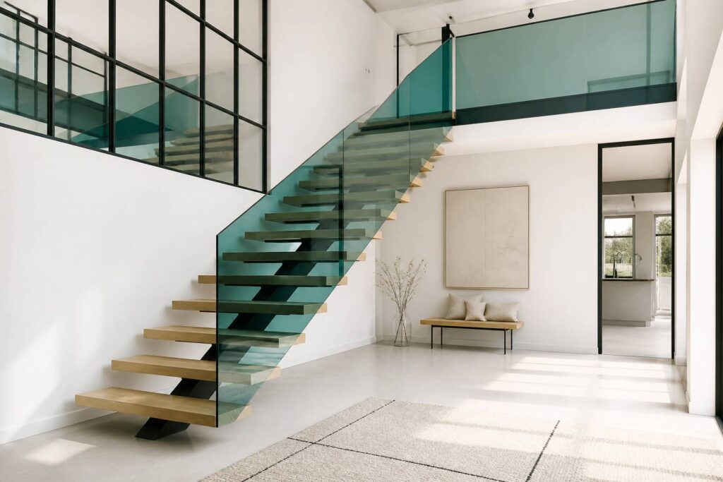 Escalier flottant en bois clair et acier avec garde-corps en verre