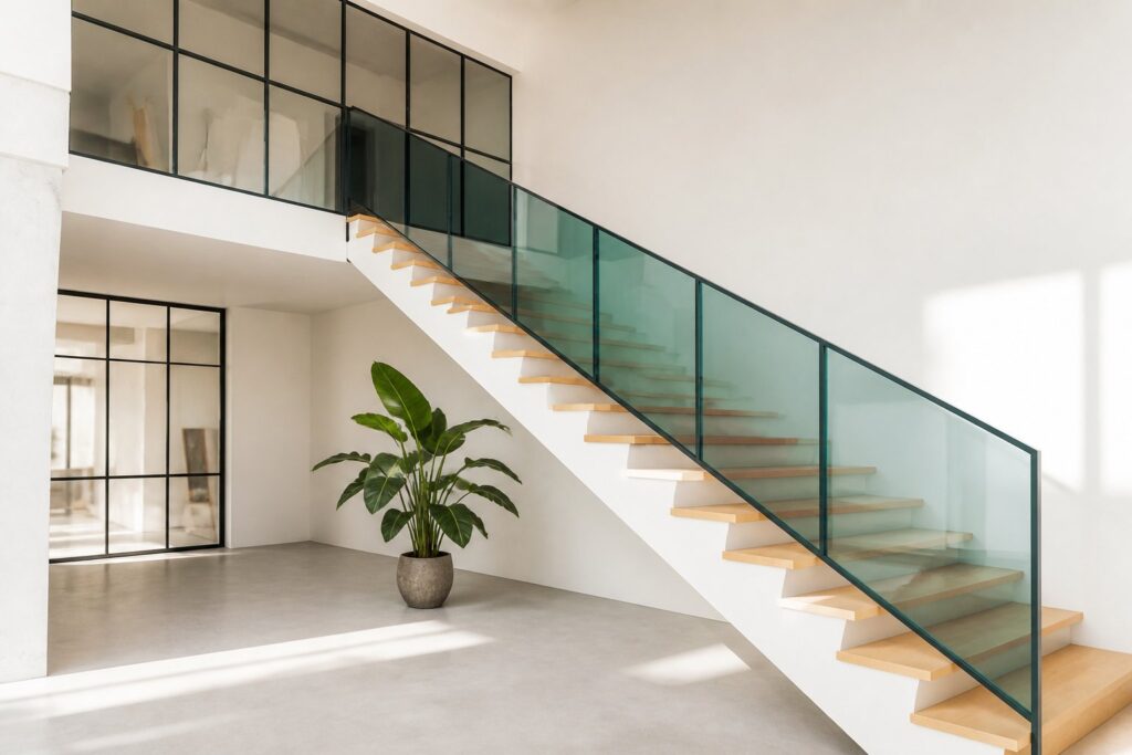 Escalier intérieur lumineux avec garde-corps en verre et marches en bois clair
