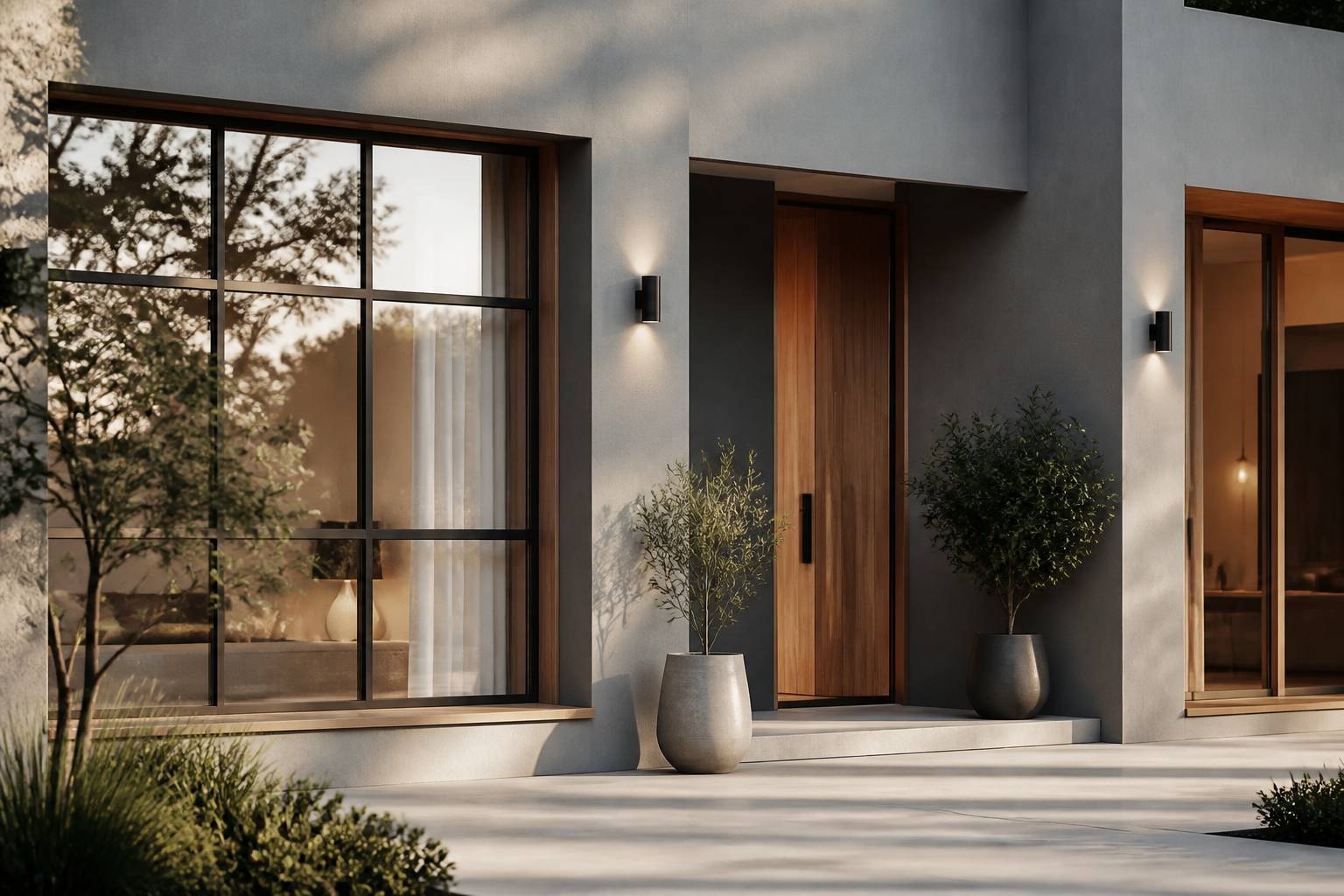 Détail de façade grise avec des menuiseries en bois et un éclairage chaleureux