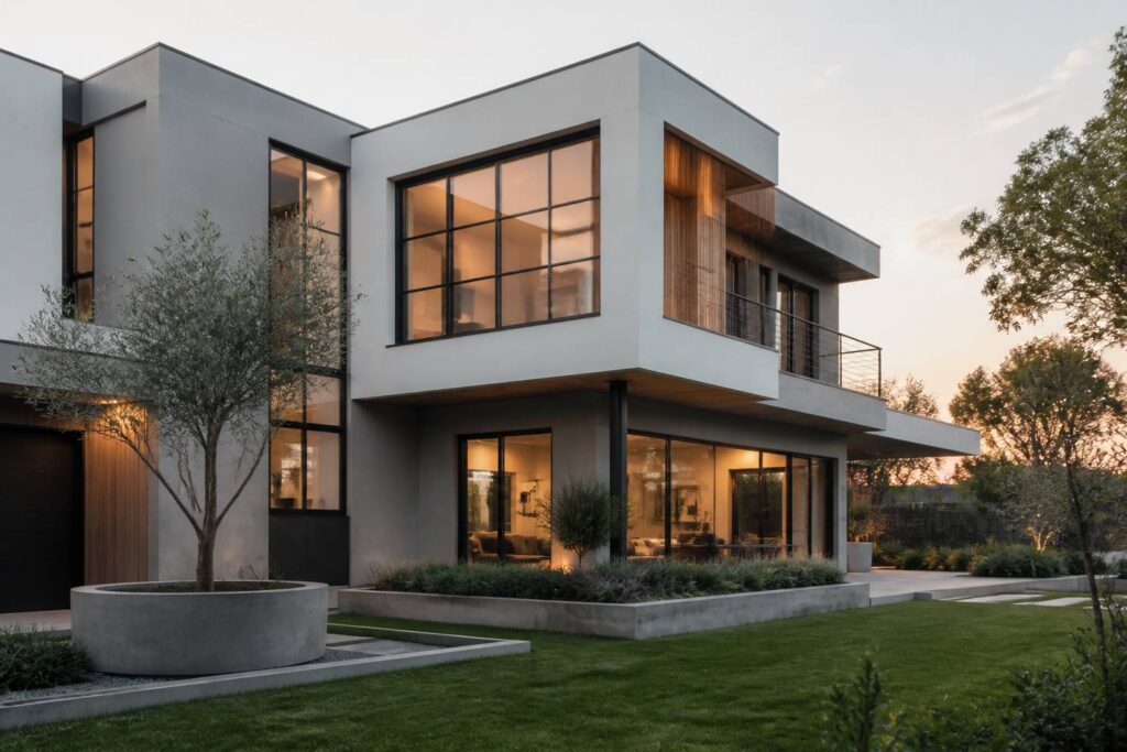 Façade de maison grise élégante avec des accents en bois et un jardin soigné