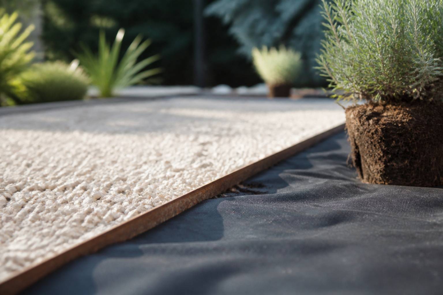 Pose de gravier sur géotextile avec une bordure métallique dans un jardin