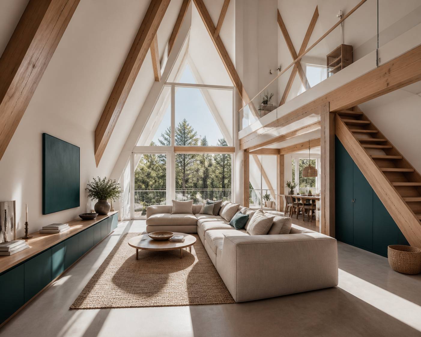 Intérieur de maison A Frame avec charpente triangulaire et mezzanine