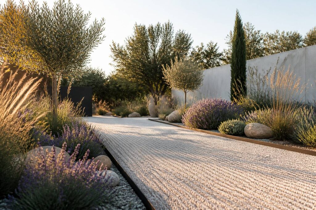 Allée de jardin en gravier clair bordée de plantes méditerranéennes