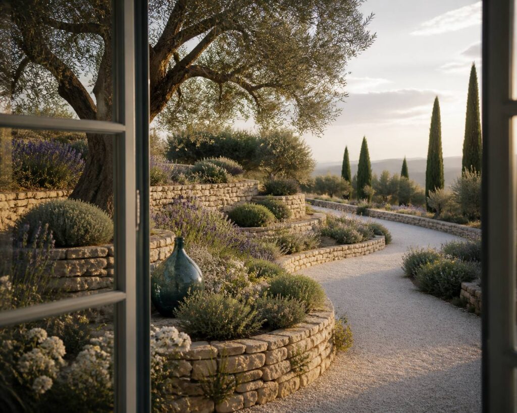 Jardin de Provence avec restanques en pierre sèche, lavande, olivier centenaire et allée de gravier