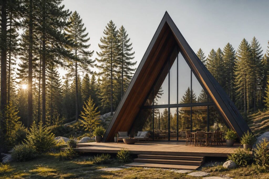 Maison A Frame triangulaire en bois et verre entourée de pins