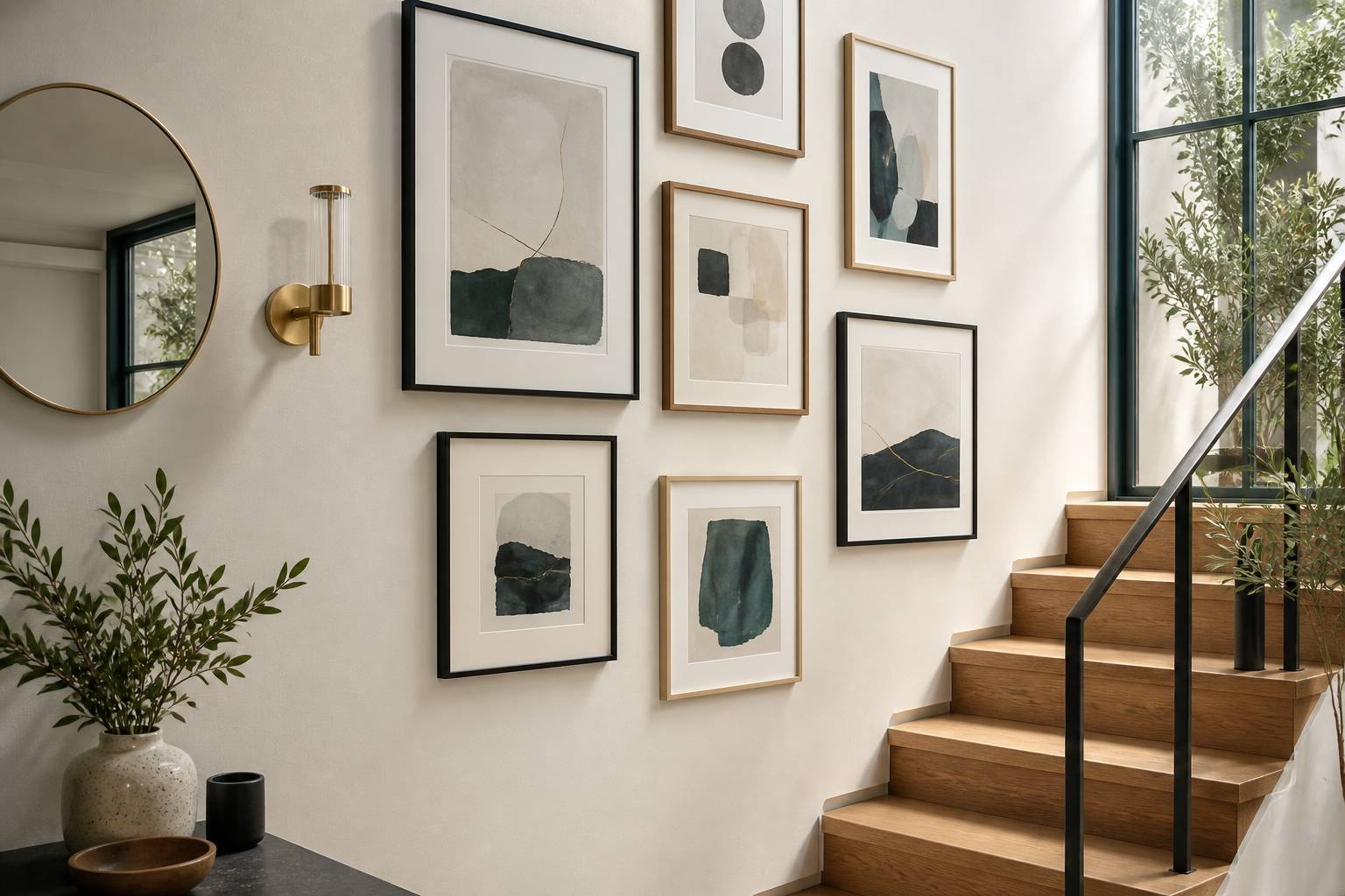 Mur d'escalier décoré de cadres, miroir et applique murale
