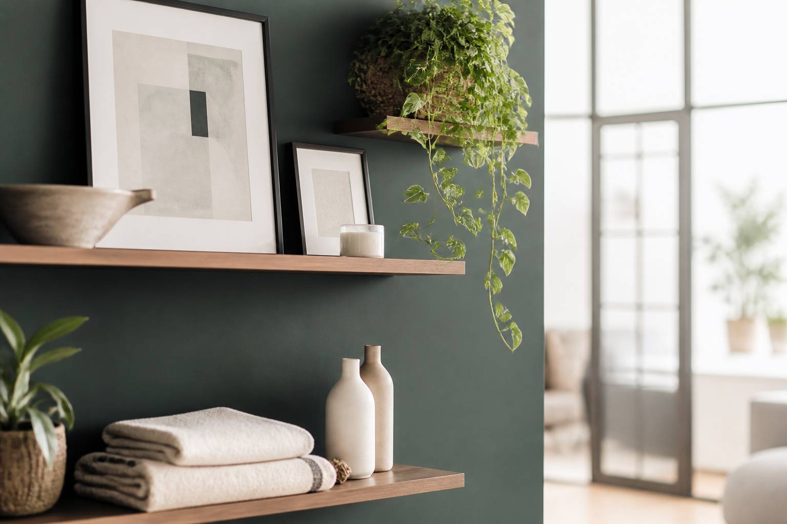 Mur vert décoré d'étagères en bois, cadres et plantes suspendues