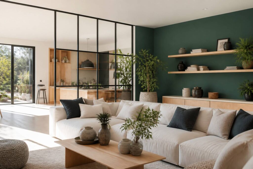 Salon lumineux avec mur vert sauge, canapé en lin et verrière