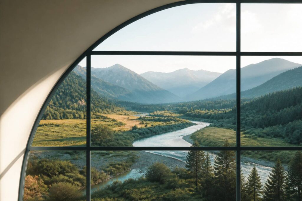 Vallée préservée avec rivière, forêts et montagnes à l'horizon