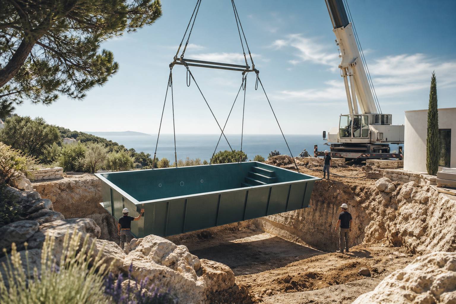 Chantier de piscine avec coque en cours d'installation dans une excavation