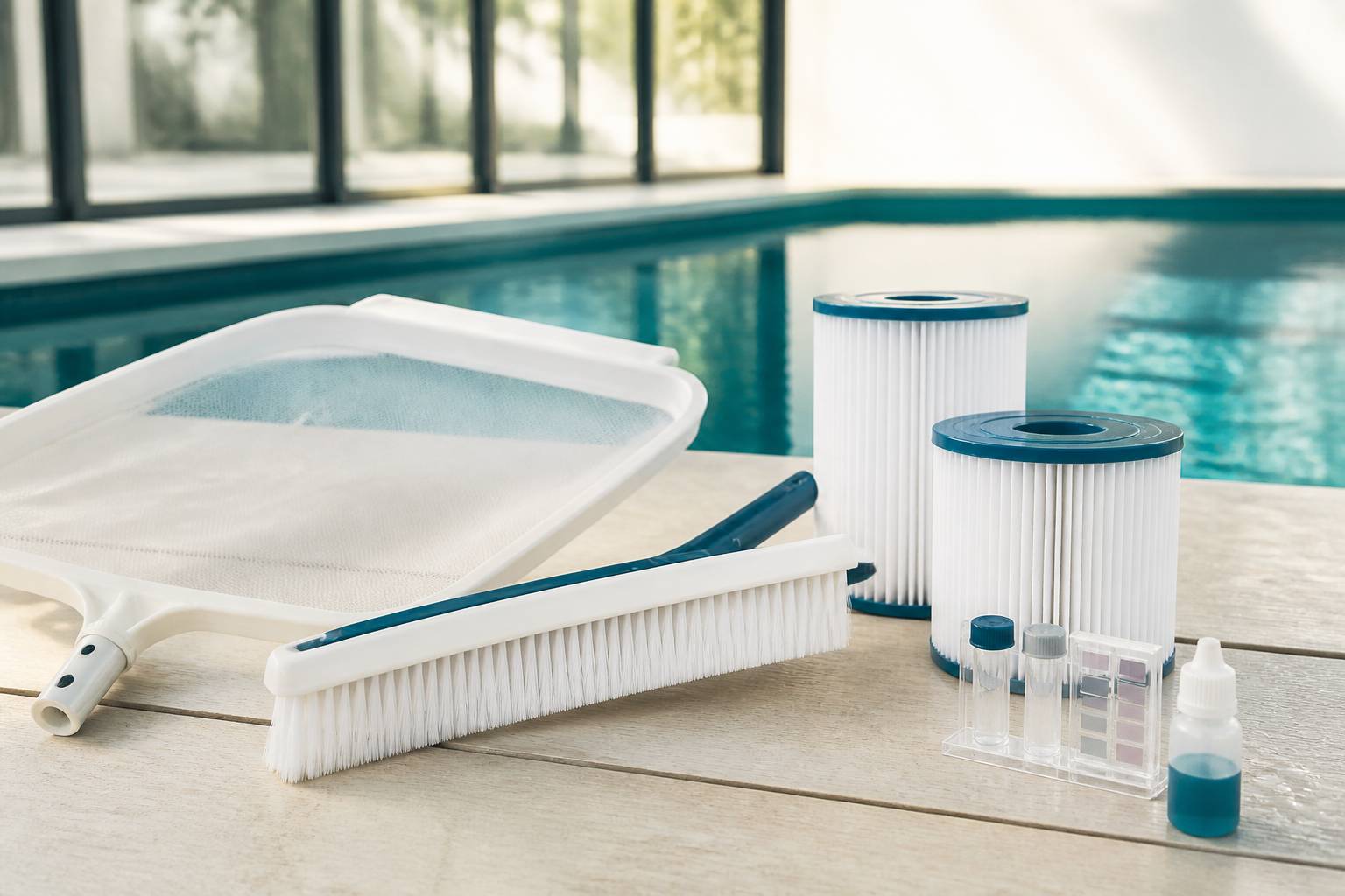 Matériel d'entretien de piscine avec épuisette et cartouches