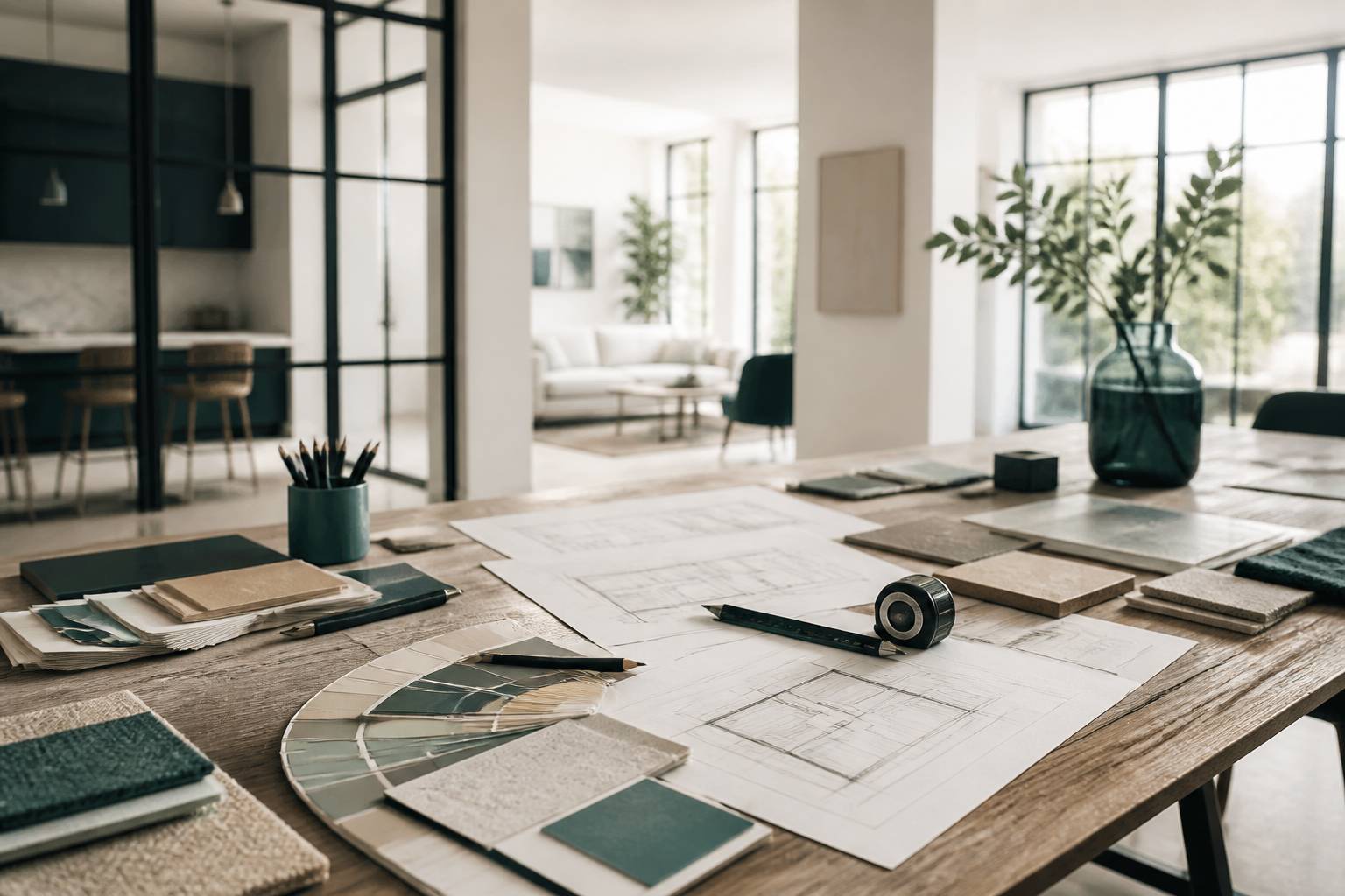 Plans d'aménagement et échantillons de matériaux sur une table de travail