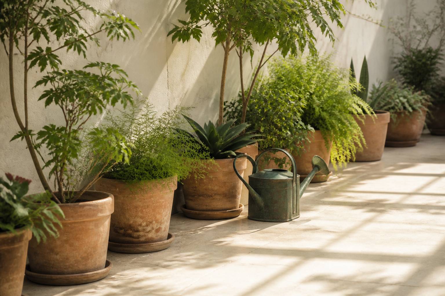 Plantes en pot de terre cuite alignées dans un patio avec un arrosoir
