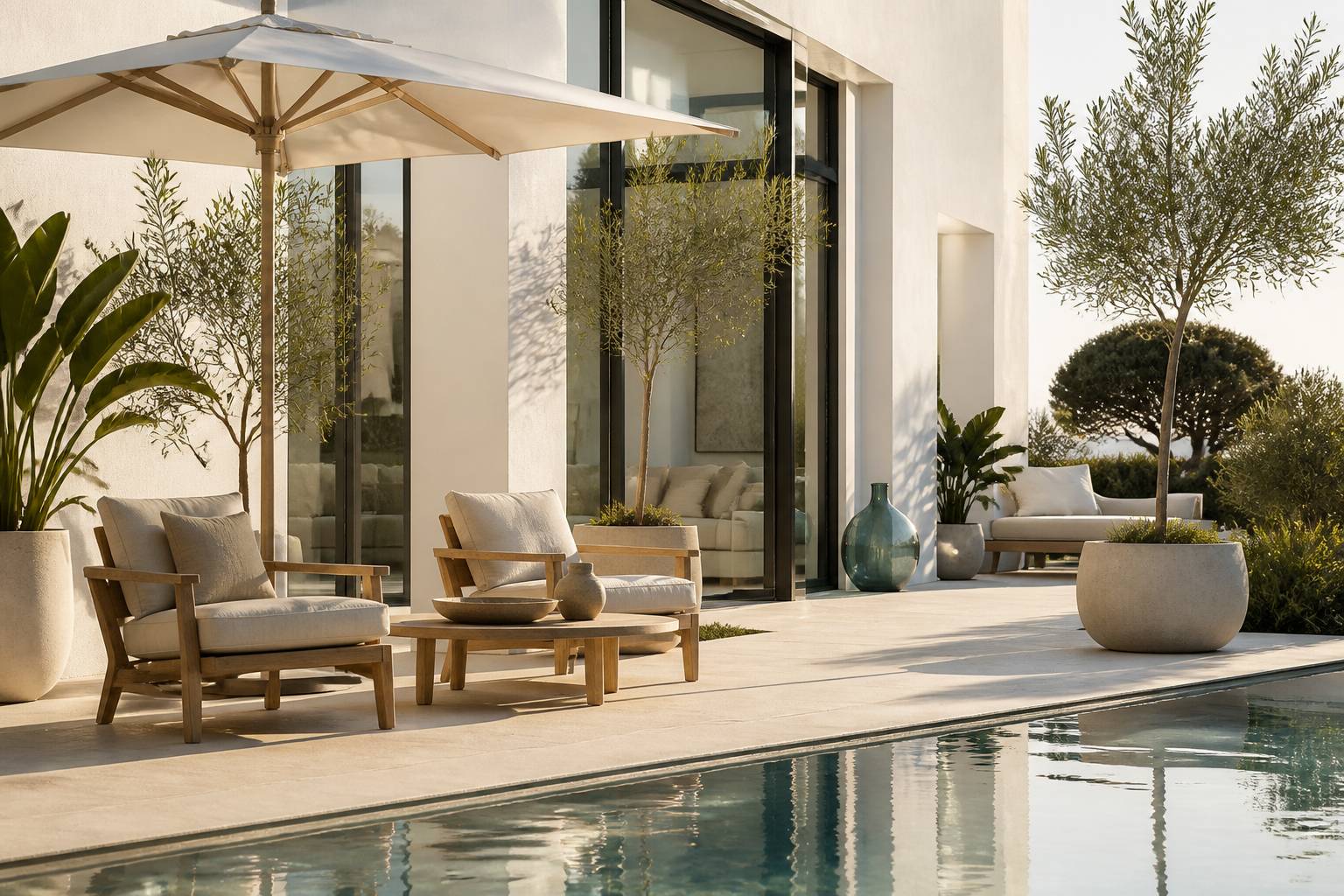 Coin salon en teck au bord d'une piscine moderne