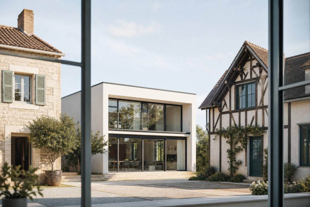 Alignement de maisons de styles différents en lumière de jour