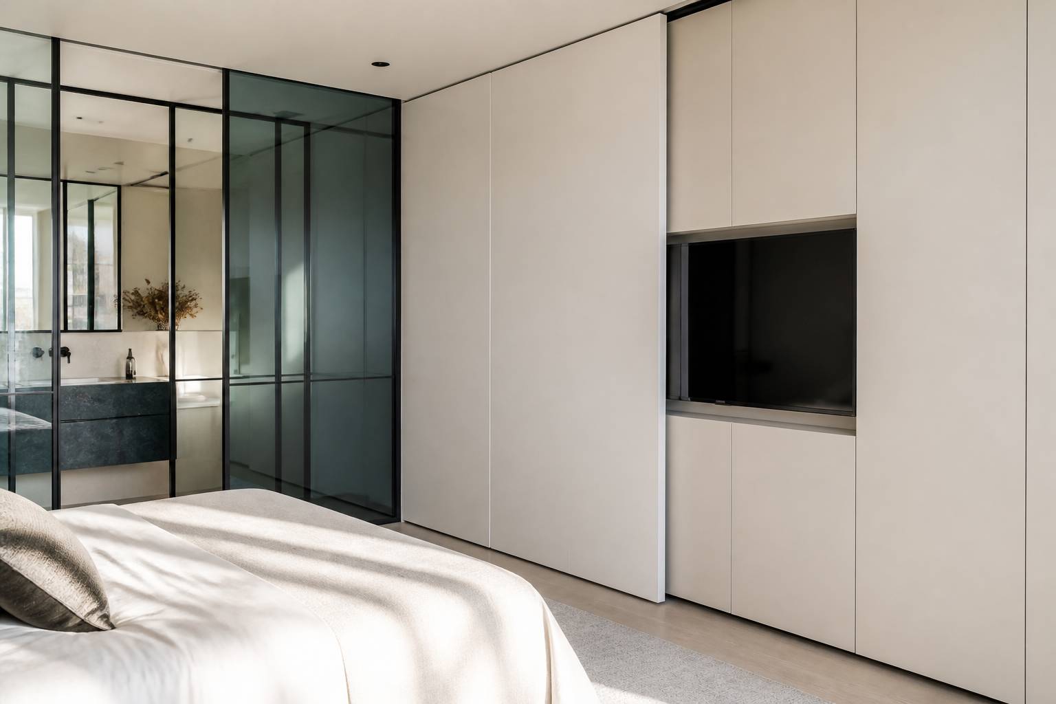 Armoire dont un panneau coulissant révèle un téléviseur