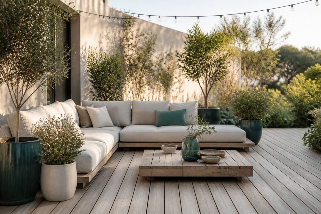 Terrasse en bois aménagée avec canapé d'extérieur et plantes en pot
