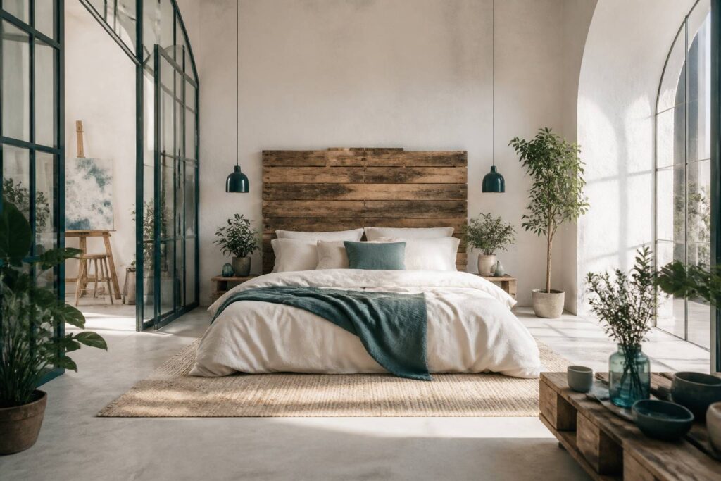 Chambre lumineuse avec tête de lit en bois de palette recyclé et literie claire