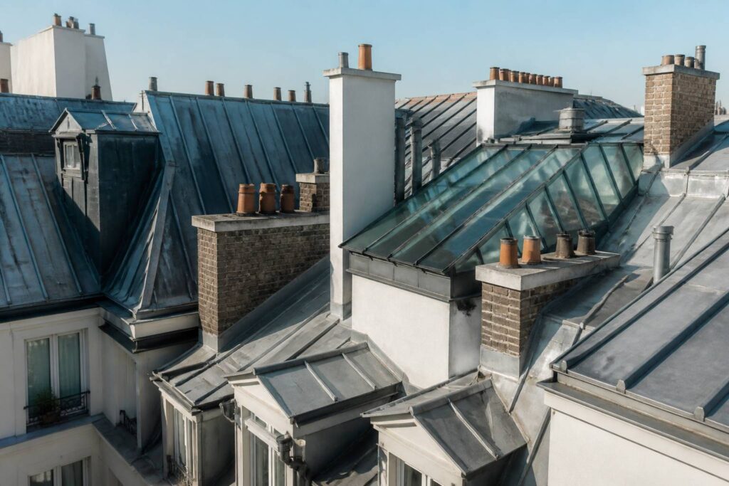 Toiture parisienne en zinc avec gouttières et chéneaux